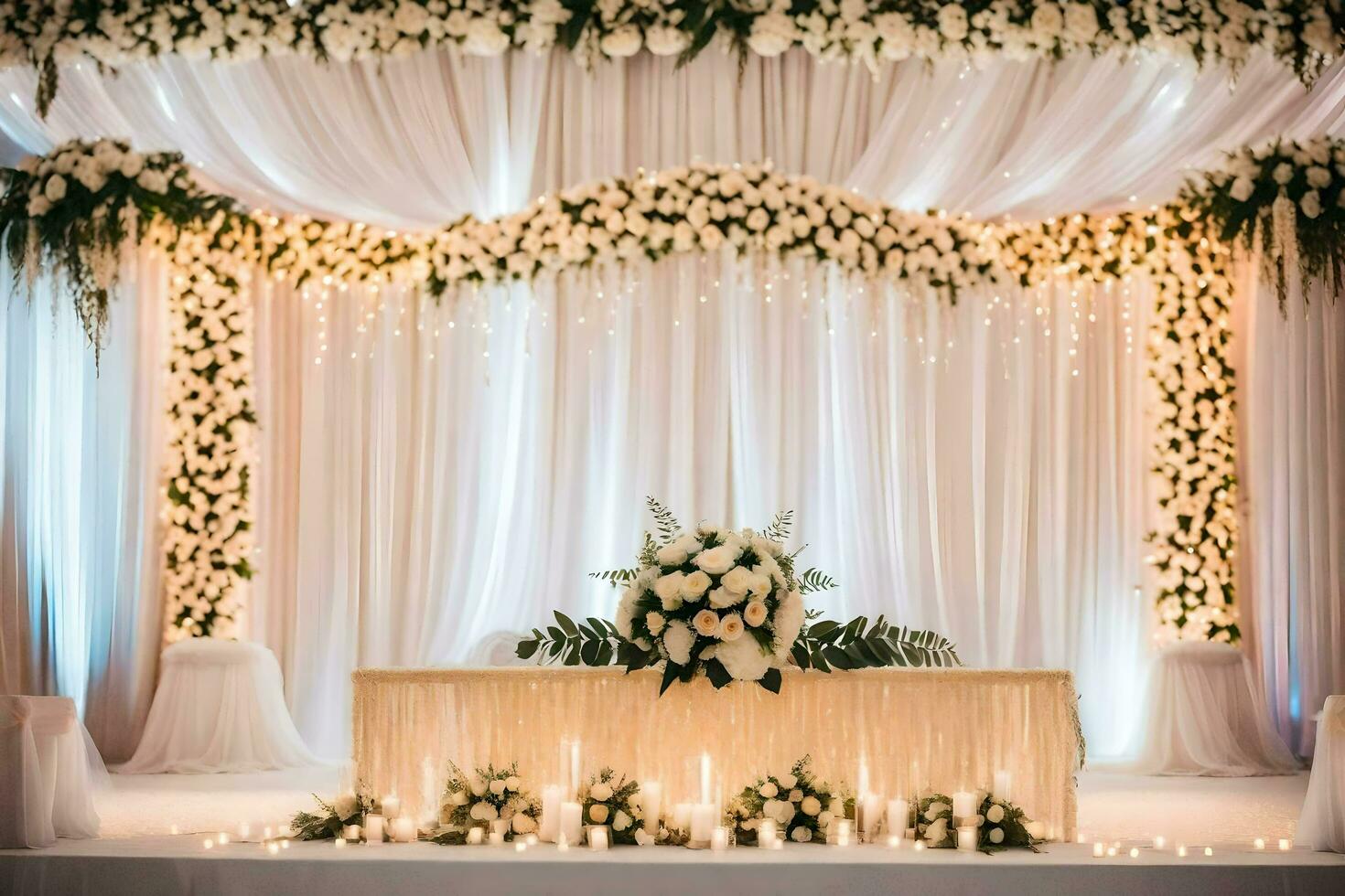 un' nozze palcoscenico decorato con bianca fiori e candele. ai-generato foto