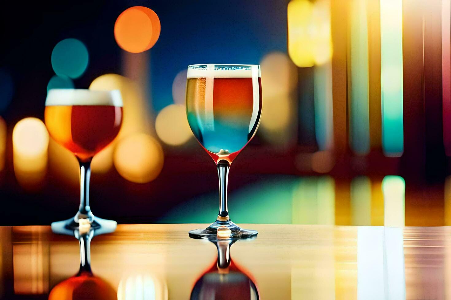 Due bicchieri di vino su un' tavolo con un' città sfondo. ai-generato foto
