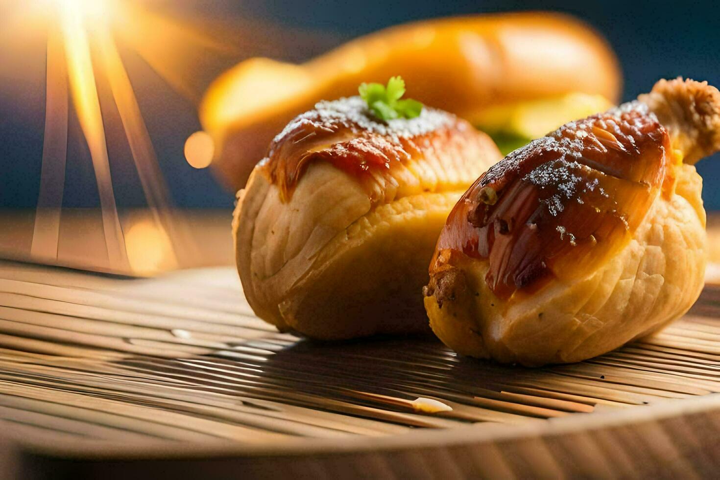 Due pollo Ali su un' di legno vassoio con un' panino. ai-generato foto