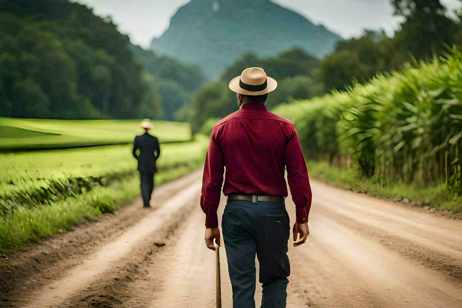 un' uomo nel un' cappello e rosso camicia a piedi giù un' sporco strada. ai-generato foto