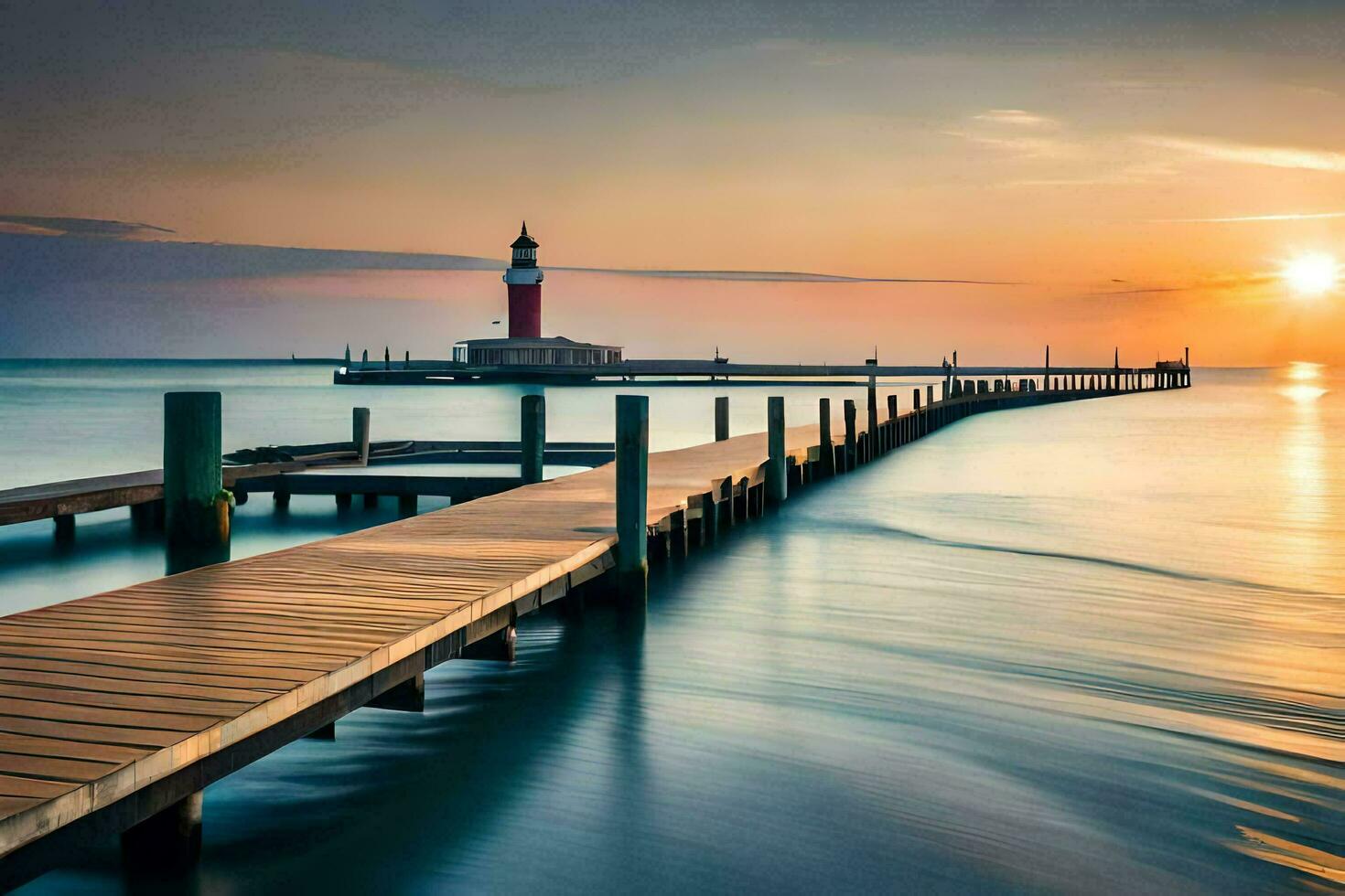 un' molo con un' faro a tramonto. ai-generato foto