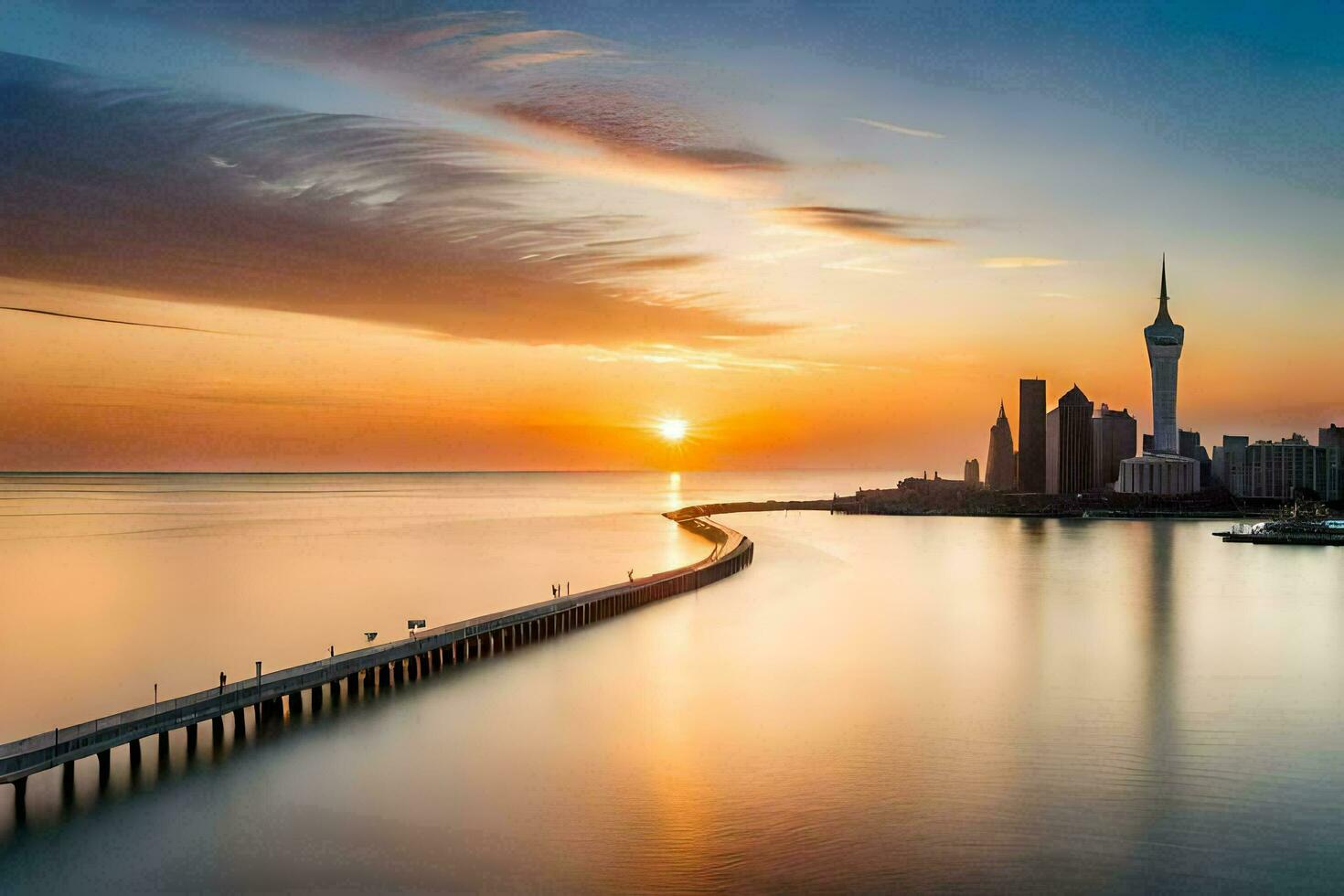 il sole sorge al di sopra di il città orizzonte e il acqua. ai-generato foto