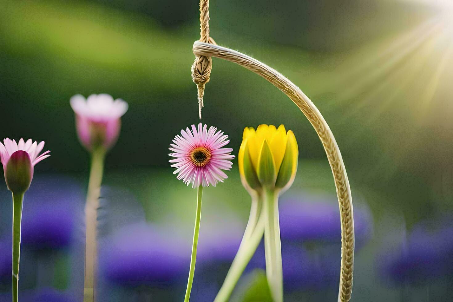 un' fiore sospeso a partire dal un' corda. ai-generato foto