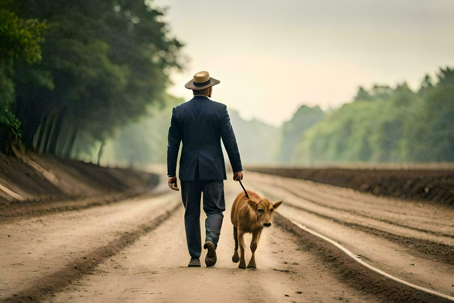 un' uomo nel un' completo da uomo e cappello a piedi il suo cane giù un' sporco strada. ai-generato foto