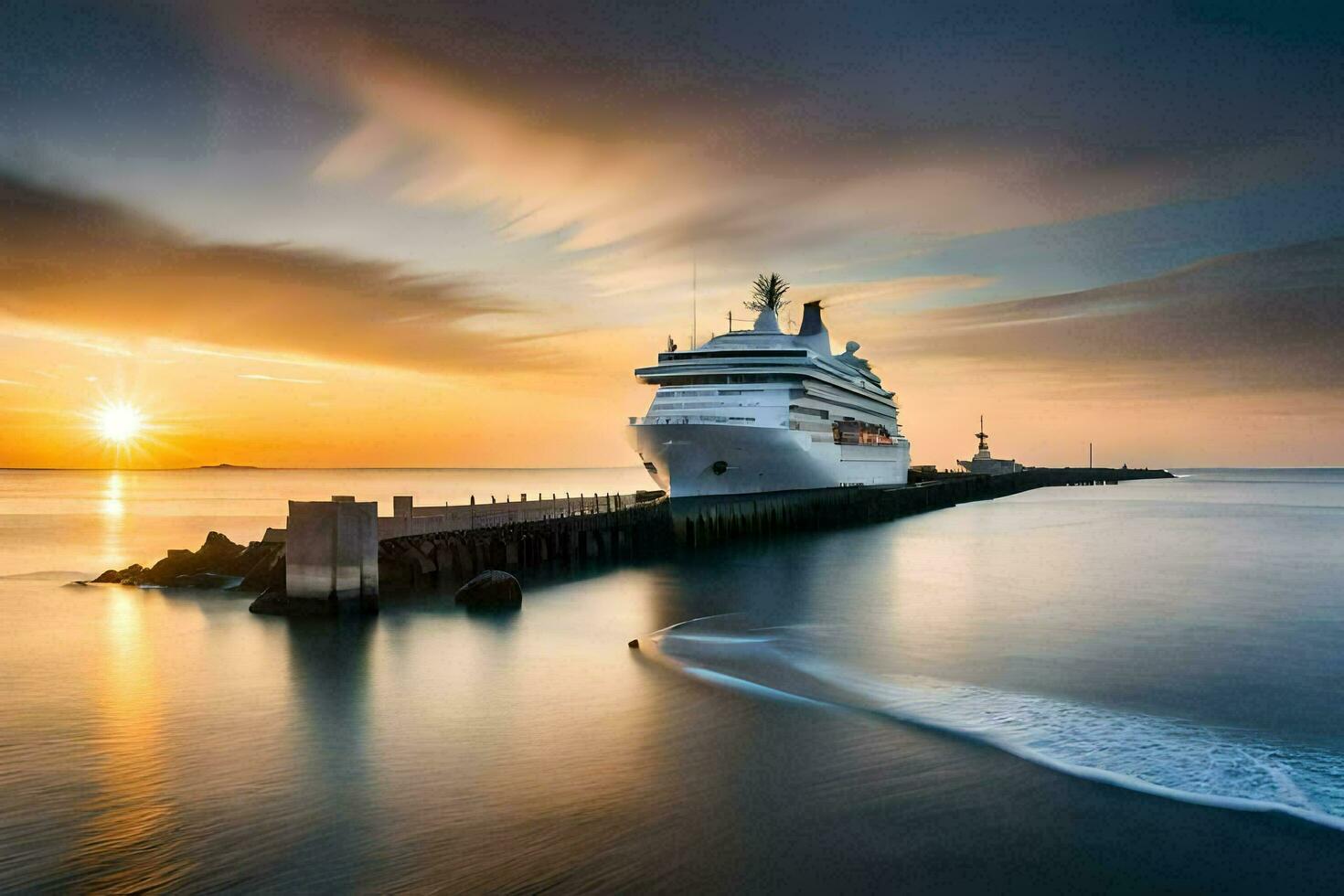 un' crociera nave attraccato a il molo a tramonto. ai-generato foto