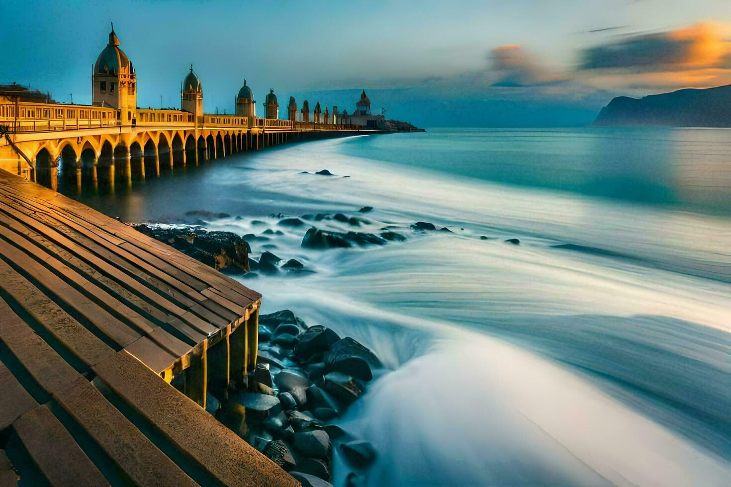 un' lungo esposizione foto di il oceano e molo a tramonto. ai-generato