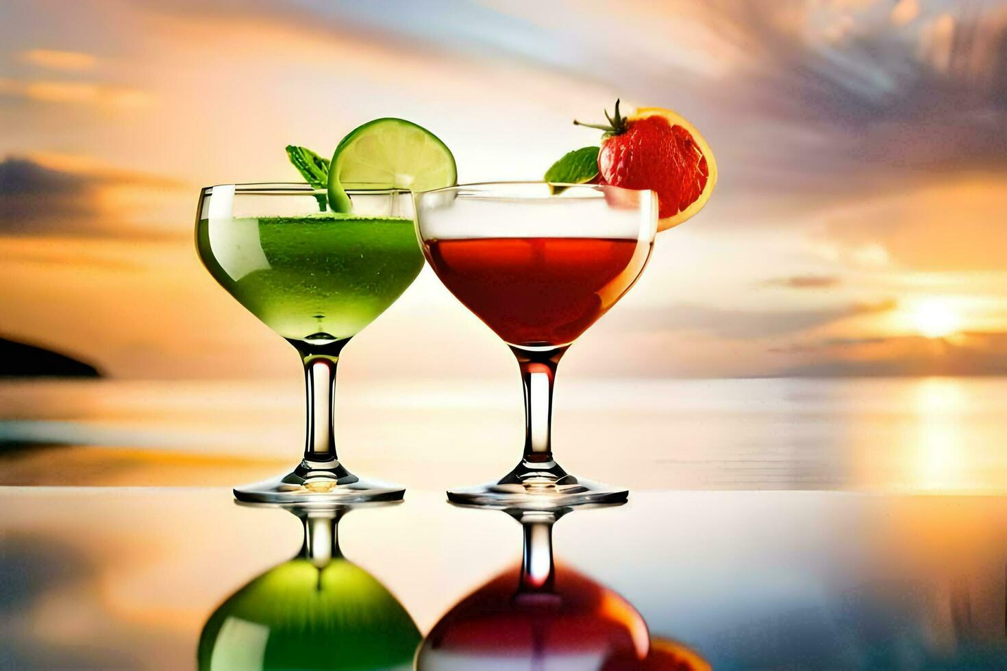 Due bicchieri di cocktail con frutta e un' tramonto nel il sfondo. ai-generato foto