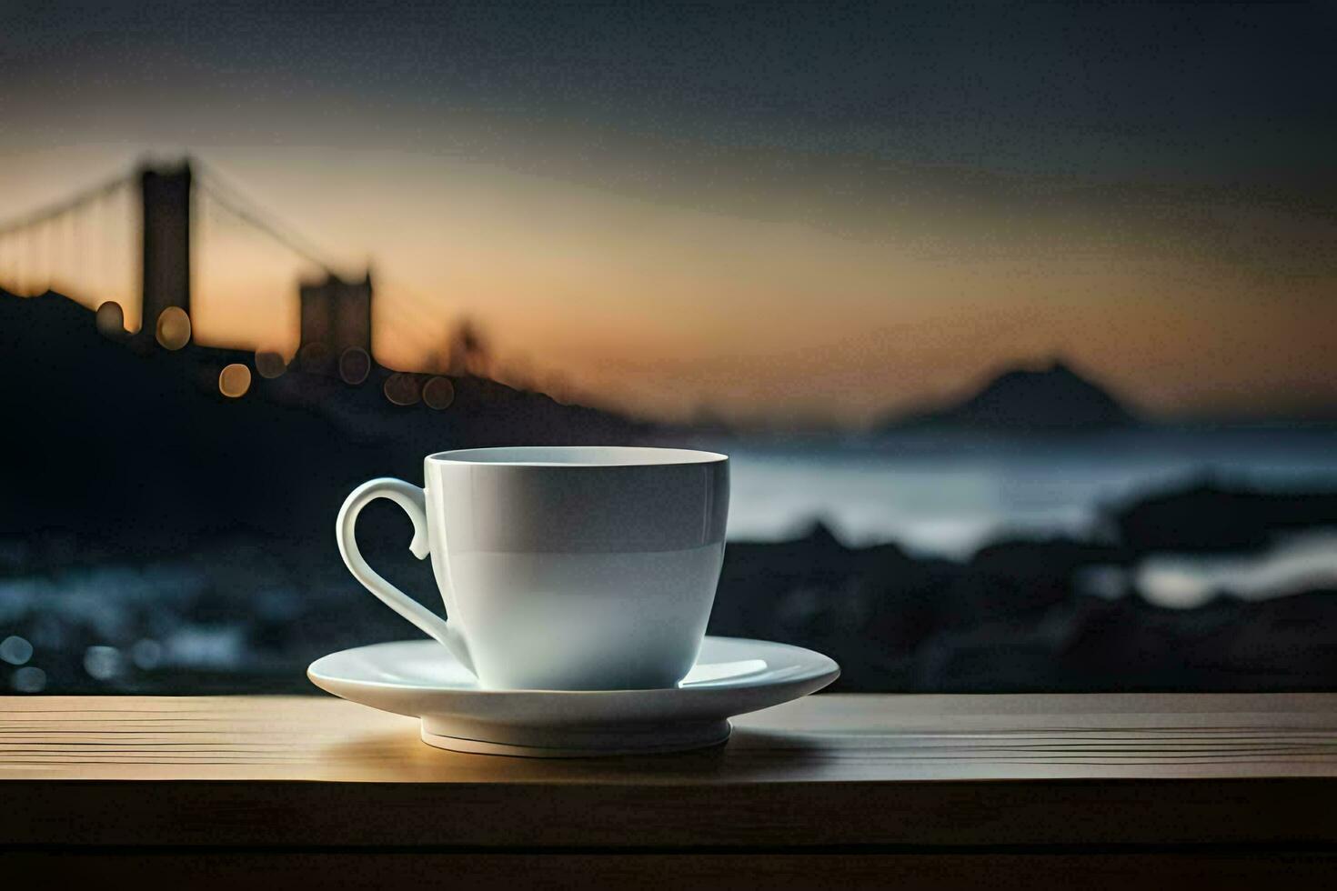 caffè tazza su un' tavolo con un' Visualizza di il baia ponte. ai-generato foto