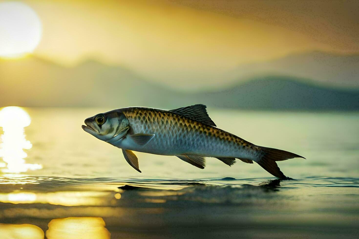 un' pesce è salto su di il acqua a tramonto. ai-generato foto