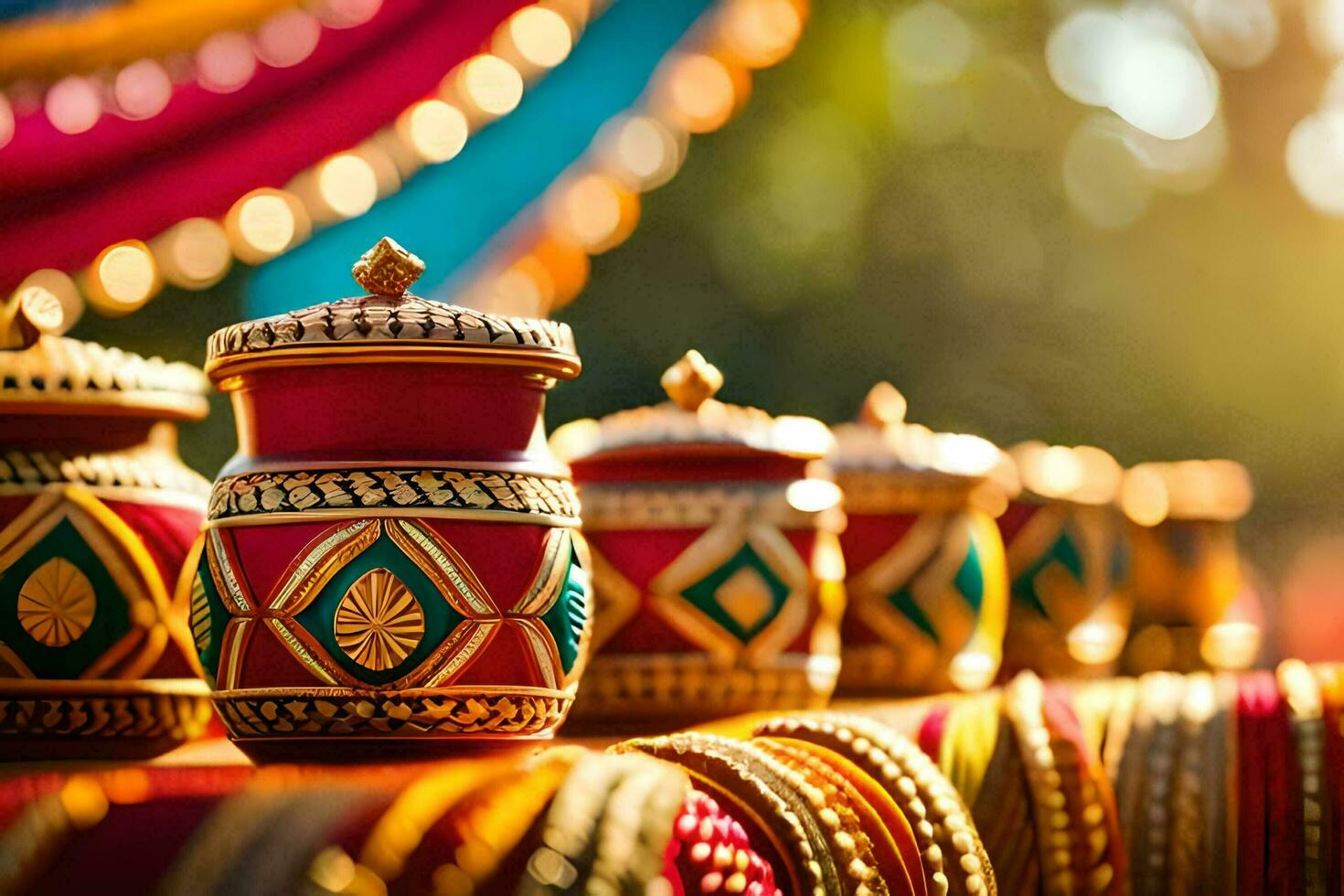 indiano nozze decorazioni con colorato pentole e ciotole. ai-generato foto