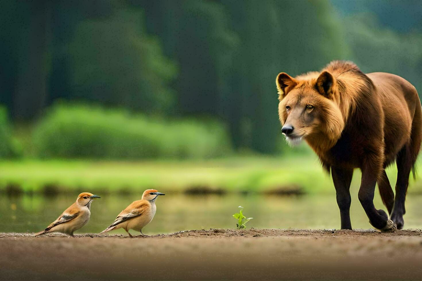 un' Leone e Due uccelli in piedi Il prossimo per ogni Altro. ai-generato foto