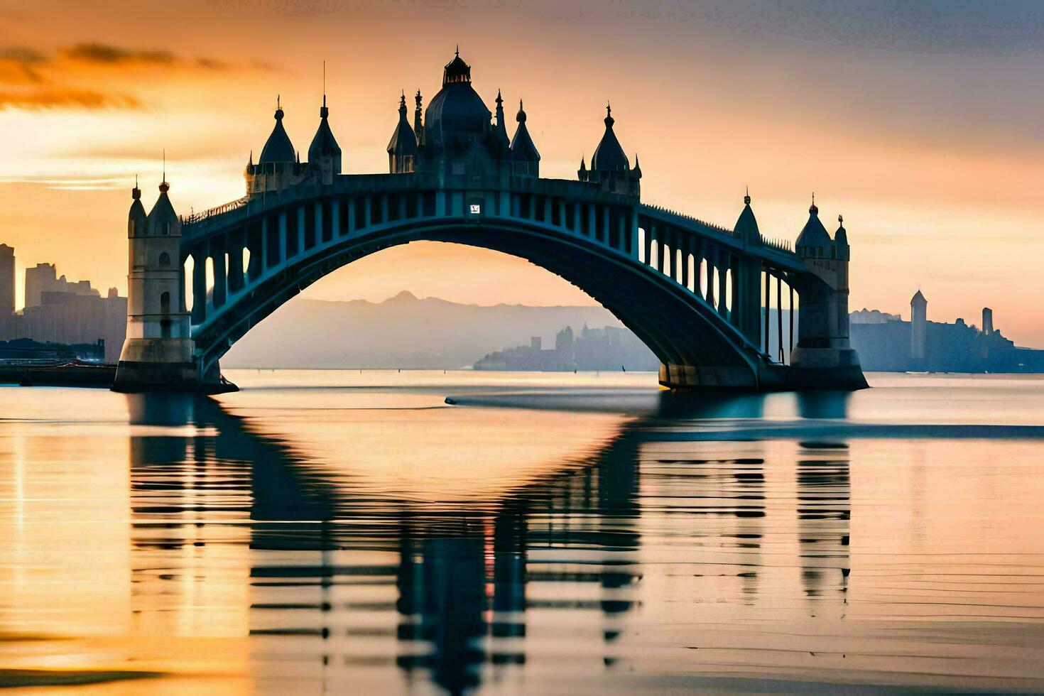 un' ponte spanning al di sopra di acqua a tramonto. ai-generato foto