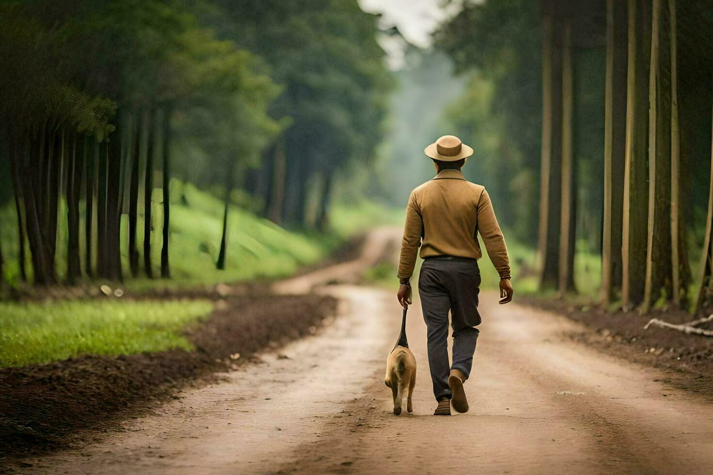 un' uomo a piedi il suo cane giù un' sporco strada. ai-generato foto