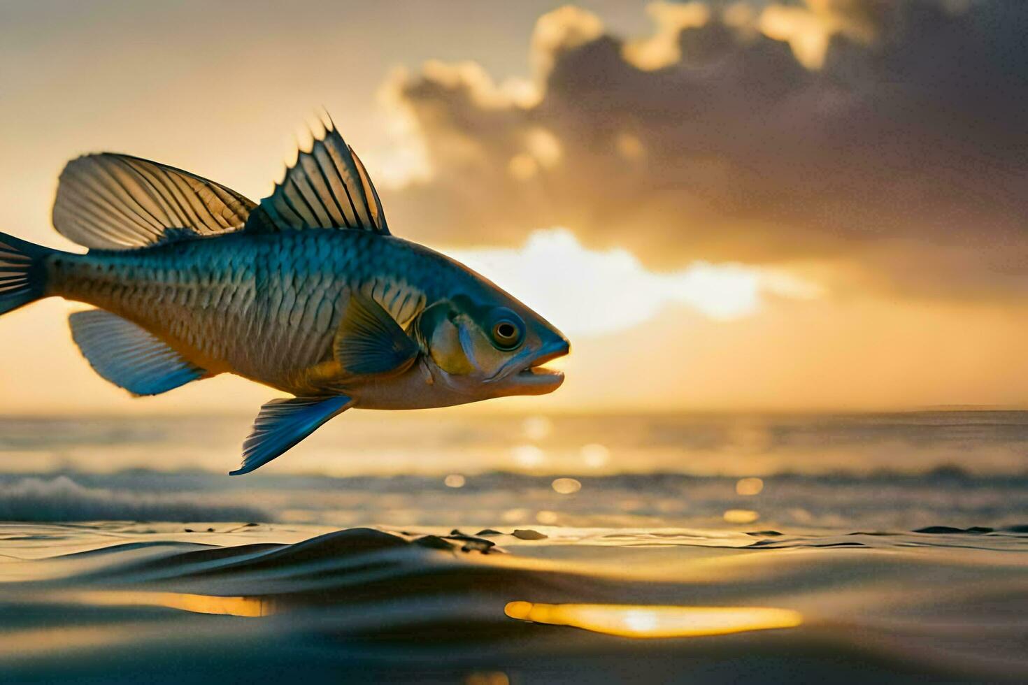 un' pesce è salto su di il acqua a tramonto. ai-generato foto