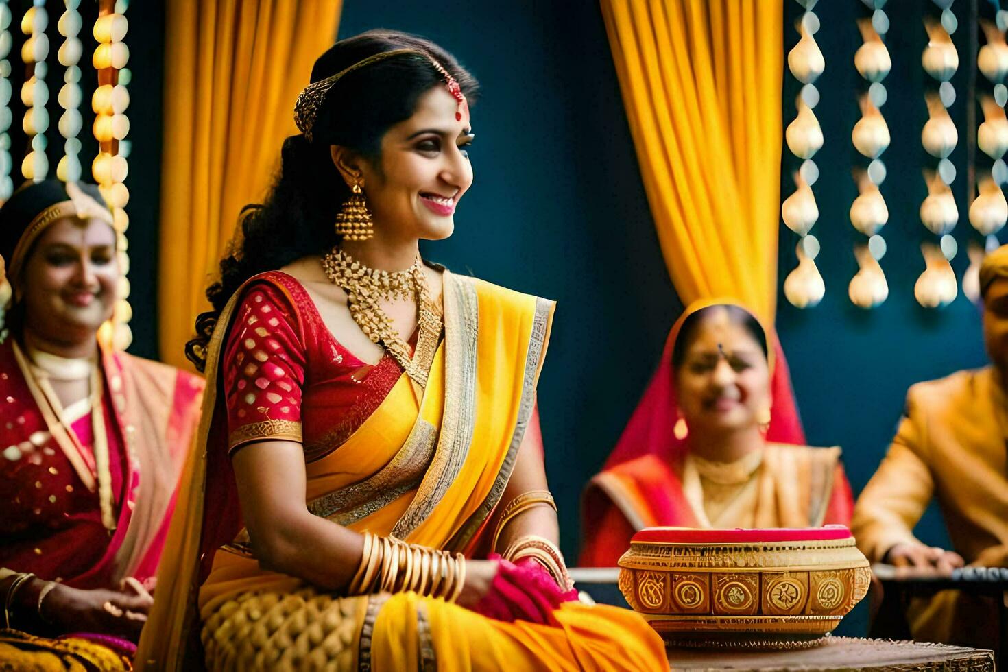 un' sposa nel un' tradizionale indiano sari. ai-generato foto