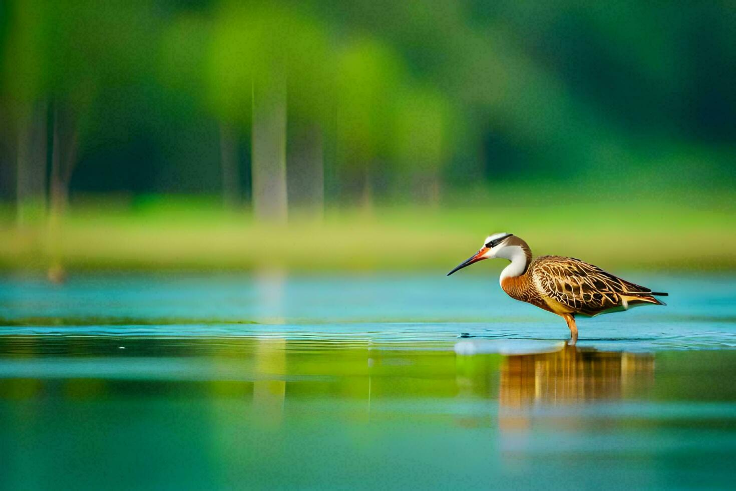 un' uccello in piedi nel il acqua con un' verde sfondo. ai-generato foto