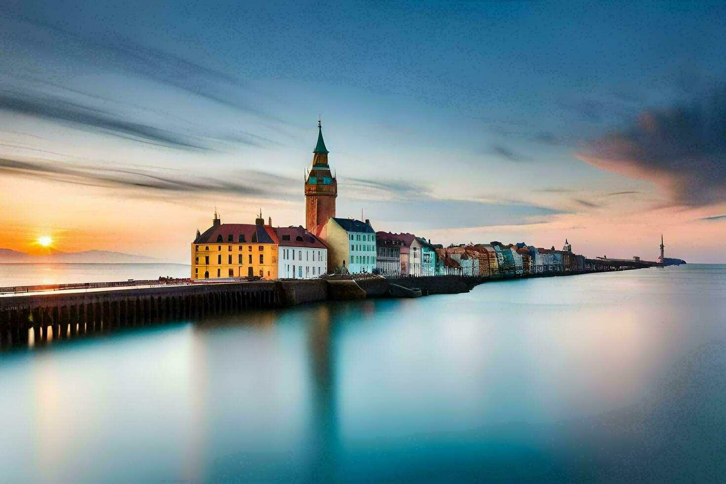 il tramonto al di sopra di il acqua e edifici nel un' città. ai-generato foto