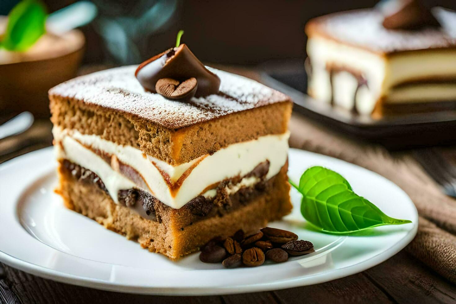 un' fetta di torta con caffè fagioli su un' piatto. ai-generato foto