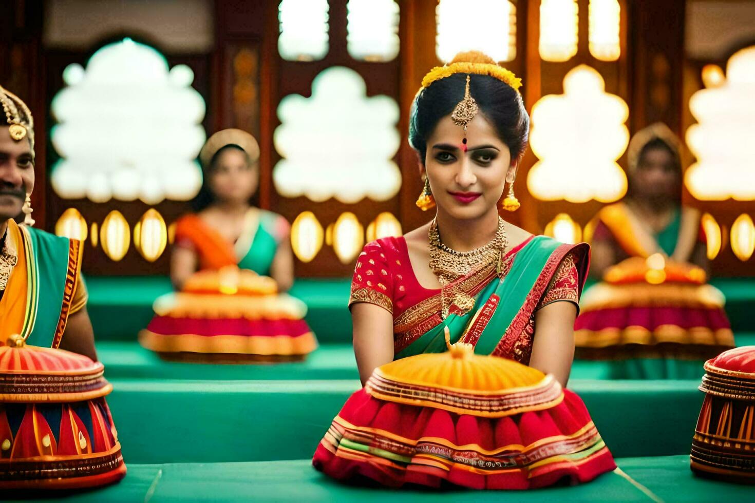 un' donna nel tradizionale indiano abbigliamento si siede nel davanti di un' gruppo di le persone. ai-generato foto