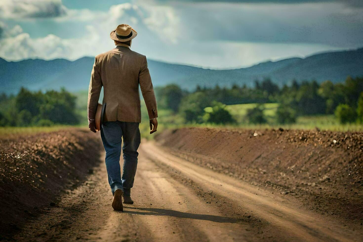 un' uomo nel un' cappello passeggiate giù un' sporco strada. ai-generato foto