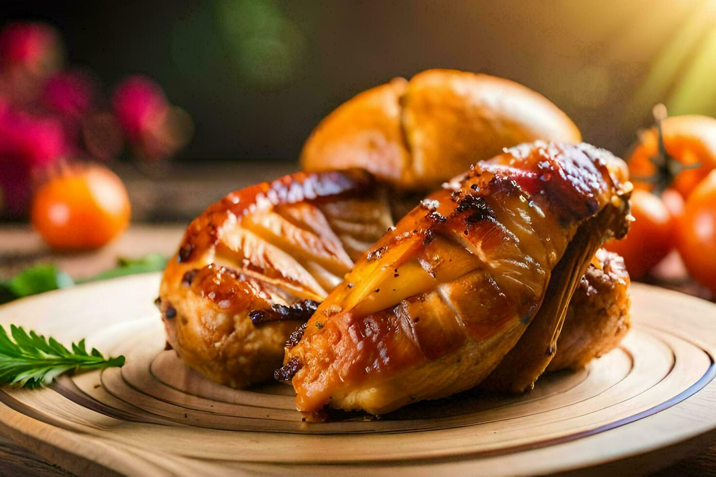 grigliato pollo su un' di legno piatto con pomodori. ai-generato foto