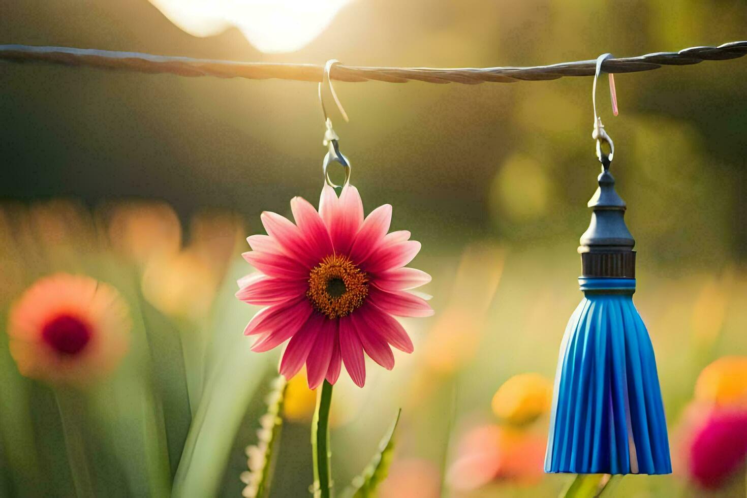 un' paio di orecchini con un' fiore e nappa sospeso a partire dal un' filo. ai-generato foto