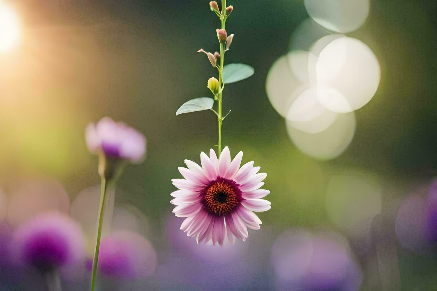 un' rosa fiore è sospeso a partire dal un' vite nel un' campo. ai-generato foto