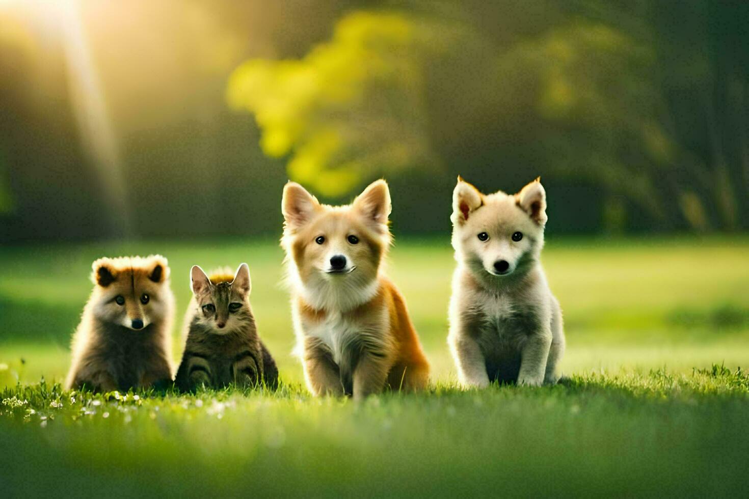 un' gruppo di cuccioli e gattini seduta su il erba. ai-generato foto