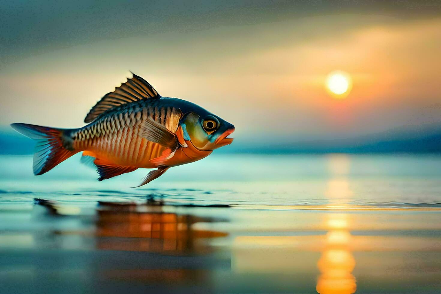 un' pesce è salto su di il acqua a tramonto. ai-generato foto