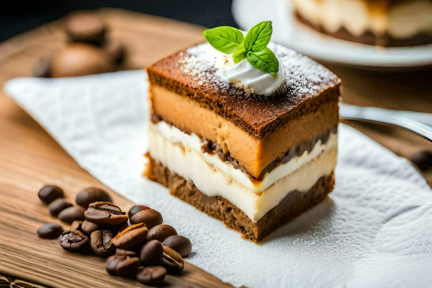 un' pezzo di torta con caffè fagioli e menta le foglie. ai-generato foto