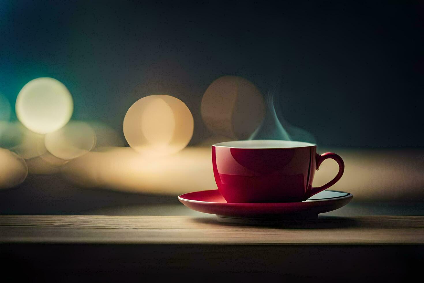 un' rosso tazza di caffè su un' di legno tavolo. ai-generato foto