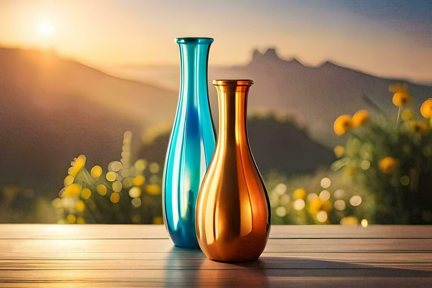 Due vasi su un' di legno tavolo con un' tramonto nel il sfondo. ai-generato foto