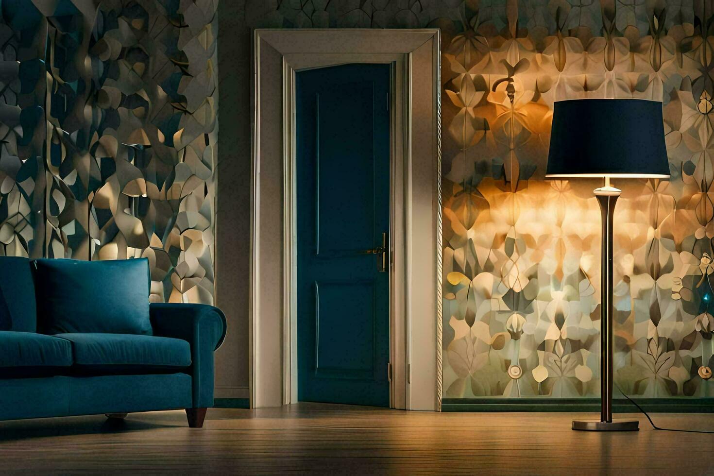 un' blu divano e lampada nel un' camera con un' parete di carta. ai-generato foto