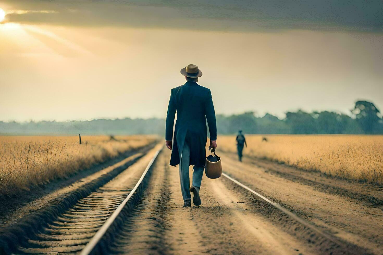 un' uomo nel un' completo da uomo passeggiate giù un' Ferrovia traccia. ai-generato foto