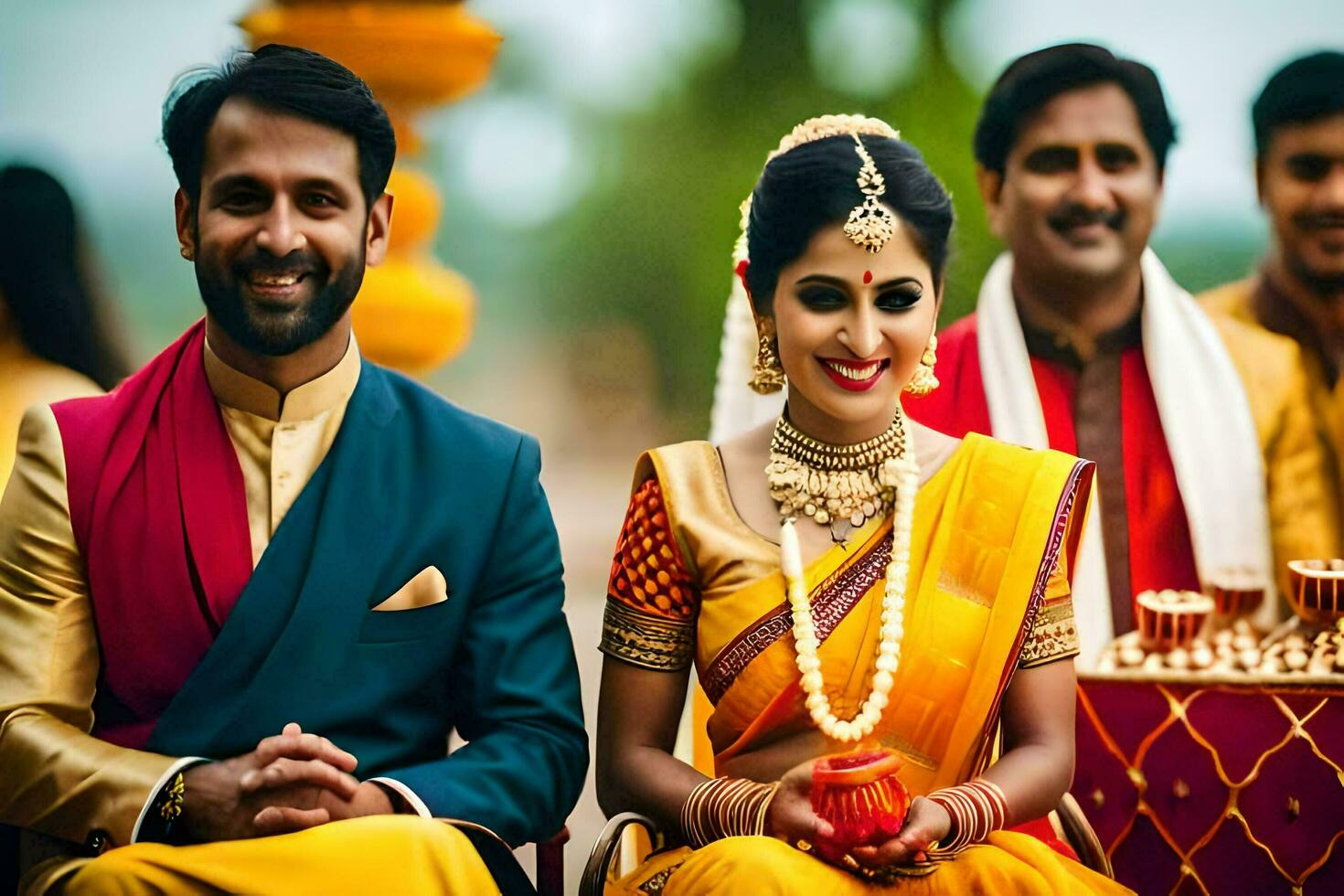 un' coppia nel tradizionale indiano abbigliamento seduta insieme. ai-generato foto