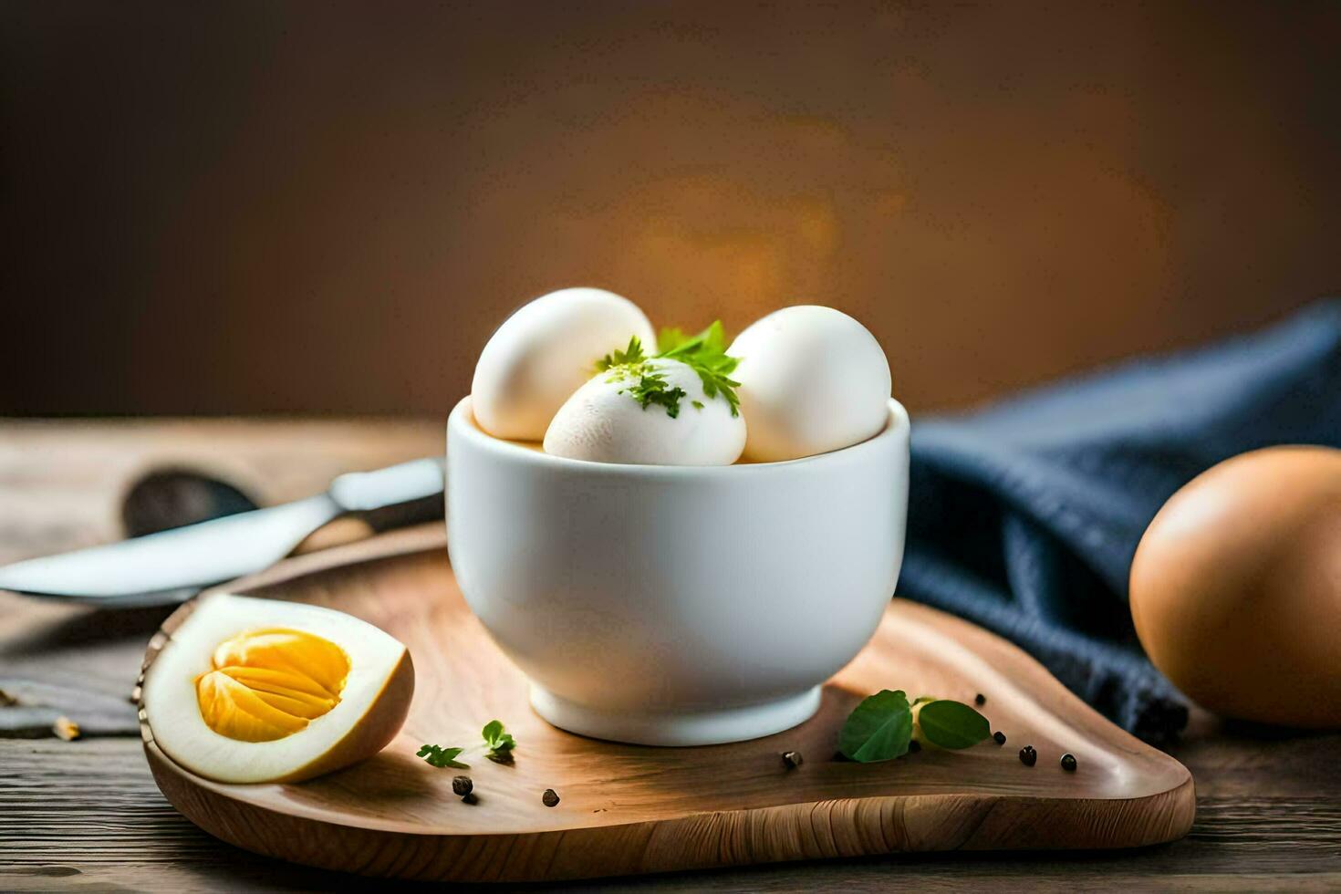 difficile bollito uova nel un' tazza su un' di legno tavolo. ai-generato foto