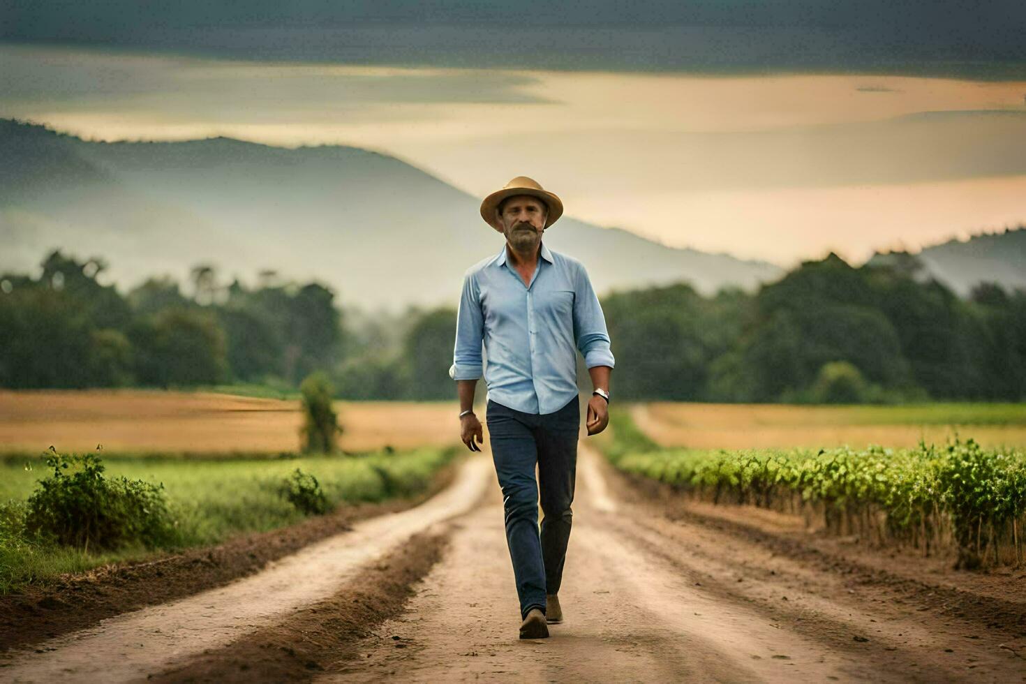 un' uomo nel un' cappello passeggiate giù un' sporco strada. ai-generato foto