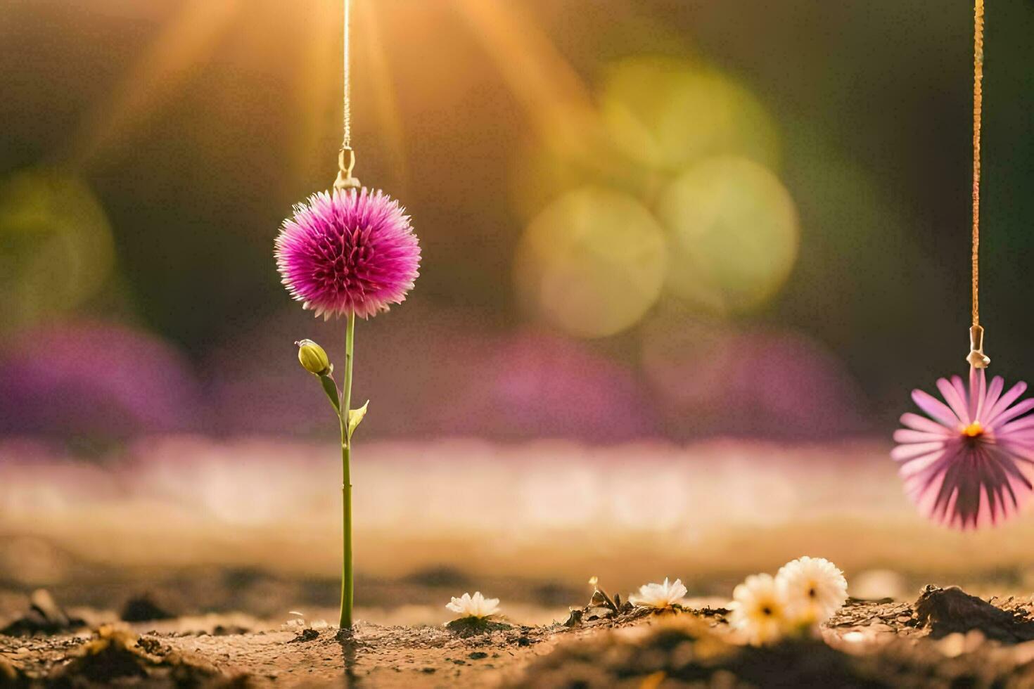 Due fiori sospeso a partire dal un' corda nel il sporco. ai-generato foto