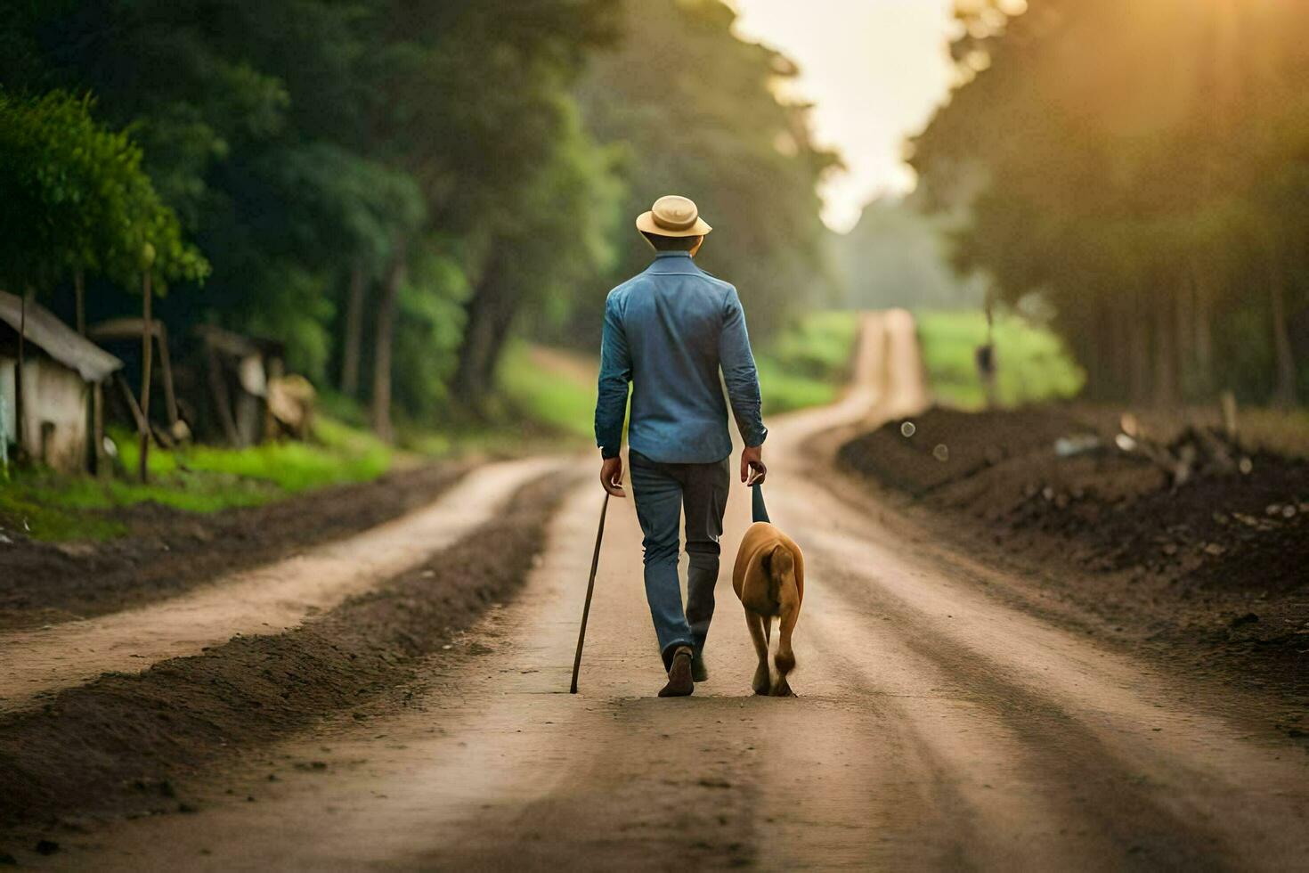 un' uomo a piedi il suo cane giù un' sporco strada. ai-generato foto