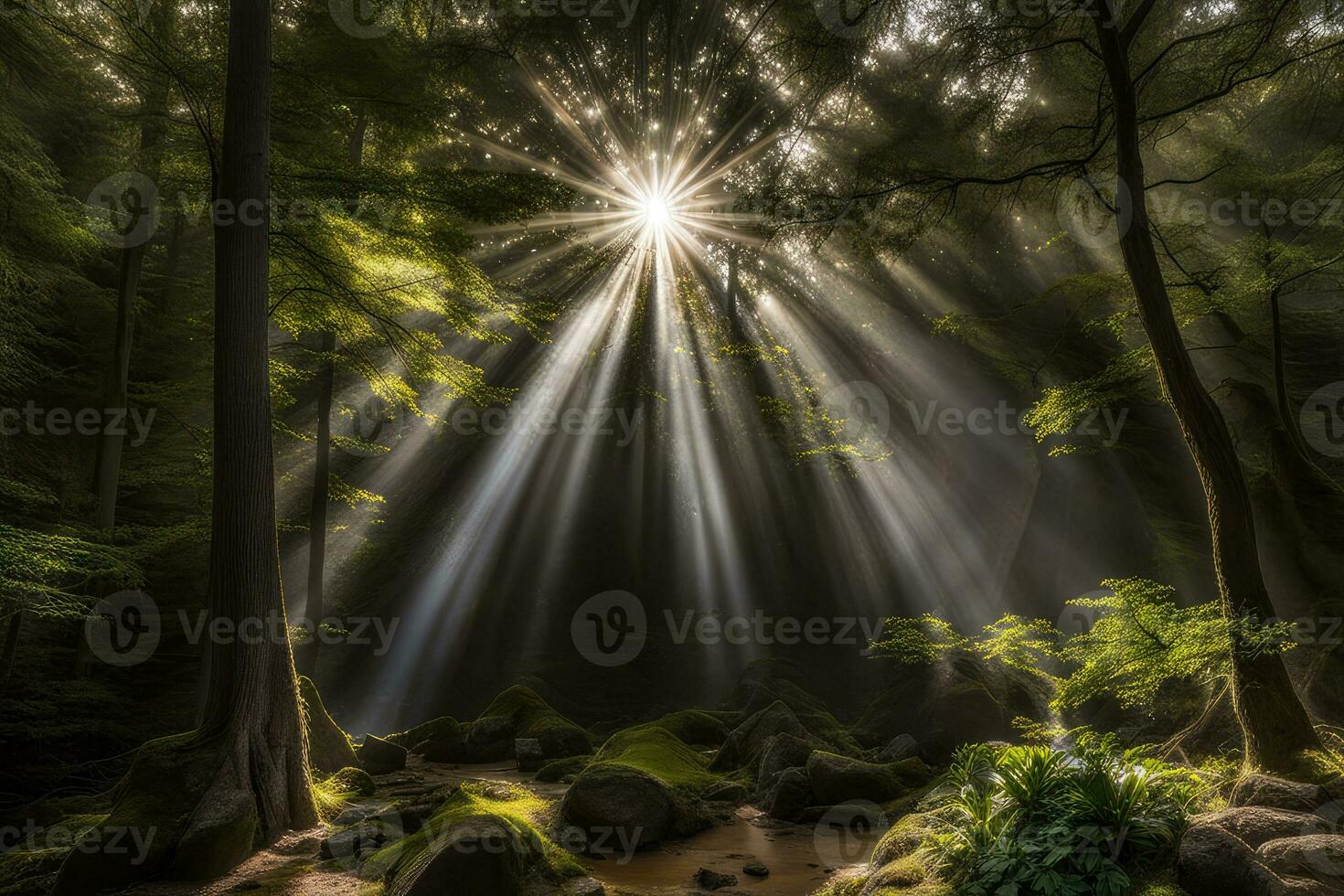 panoramico paesaggio raggi di leggero nel il foresta creato con generativo ai tecnologia foto