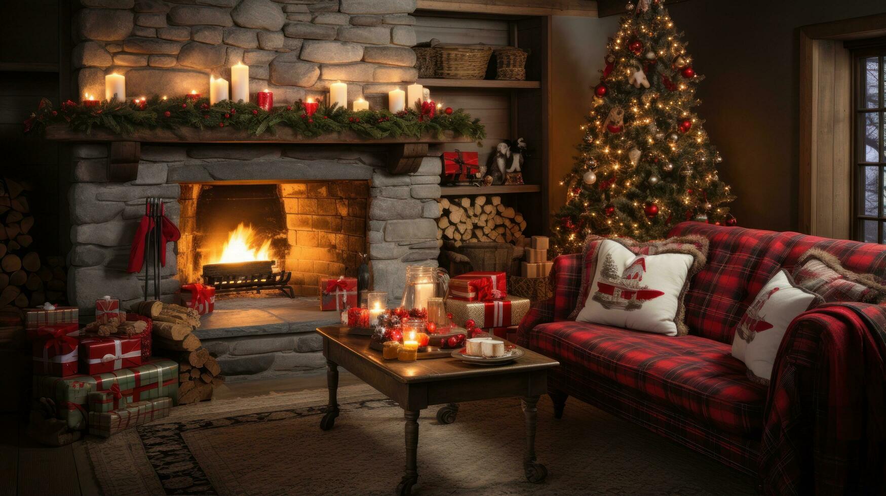 accogliente vivente camera con Natale albero, calze autoreggenti, e fuoco scoppiettante foto