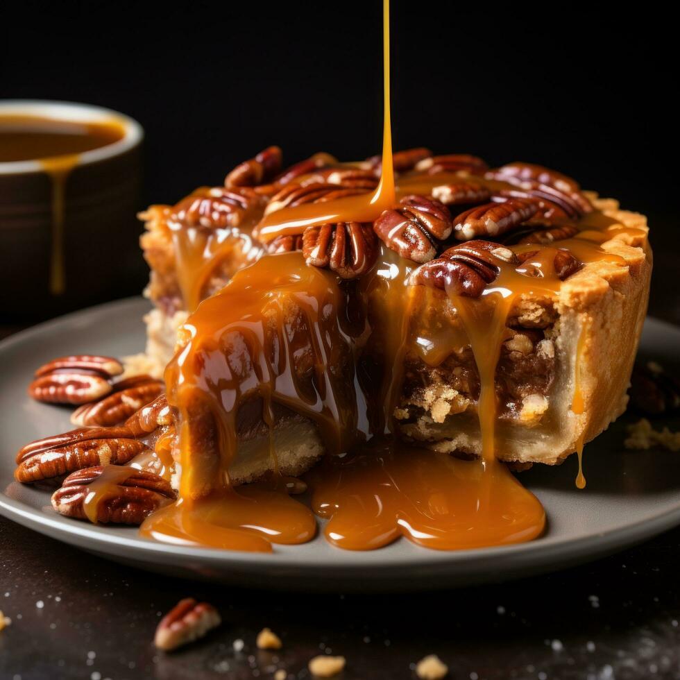 pecan torta con caramello pioggerella, un' dolce e nocciola diletto foto