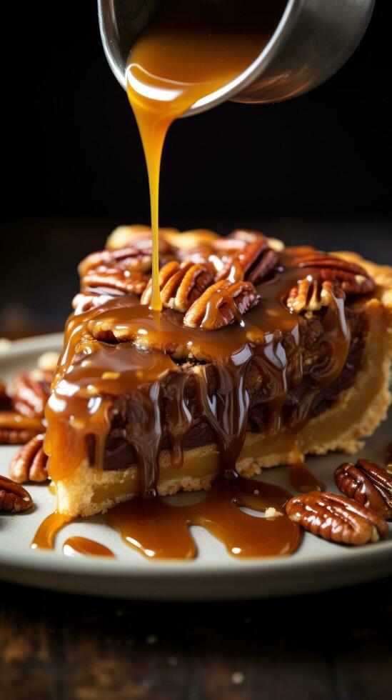 pecan torta con caramello pioggerella, un' dolce e nocciola diletto foto