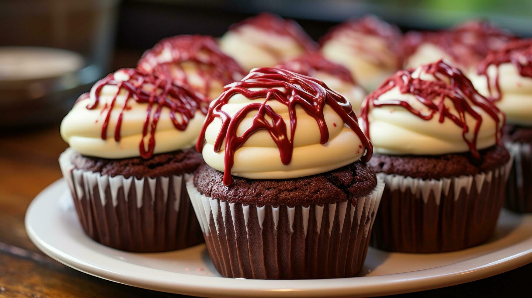 rosso velluto cupcakes con crema formaggio glassa e cioccolato pioggerella foto