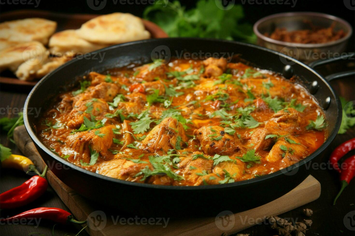 gustoso pollo curry nel un' padella con di legno spezie ai generato foto