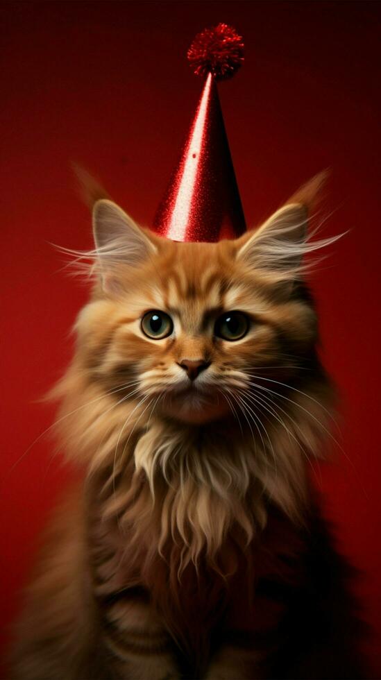 rosso sfondo, festivo felino con compleanno cappello ai generato foto