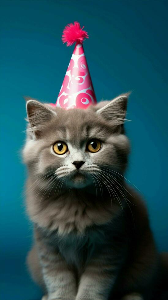 gatto con compleanno cappello, gattino compleanno, isolato su blu sfondo ai generato foto