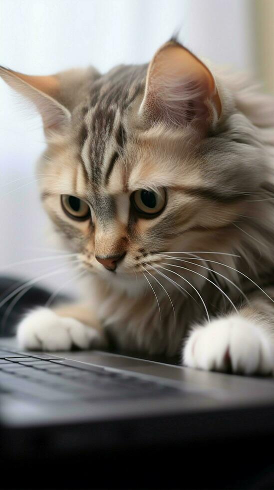 avvicinamento di un' gatto e un' il computer portatile su un' bianca sfondo. copia spazio. ai generato foto