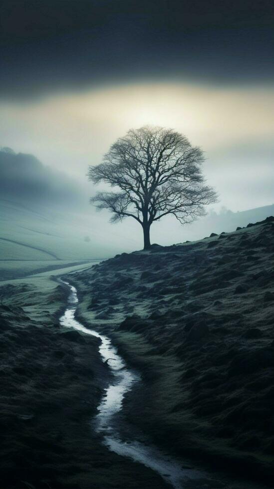 solitario nebbia crea un' travolgente contrasto contro nero verticale mobile sfondo ai generato foto