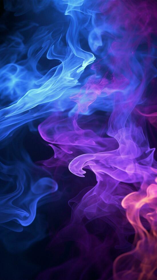 vivace viola e blu travi tagliare attraverso il pieno di fumo buio verticale mobile sfondo ai generato foto